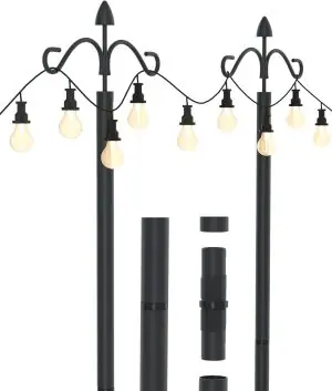 JACKYLED Outdoor String Light Pole, Adjustable 9FT 7-Prong Patio Light Rod, Heavy Duty String Light Metal Stand, Dual Hooks and 6 Fence Brackets for Outside Backyard Garden Wedding Party, Black,2 Pack