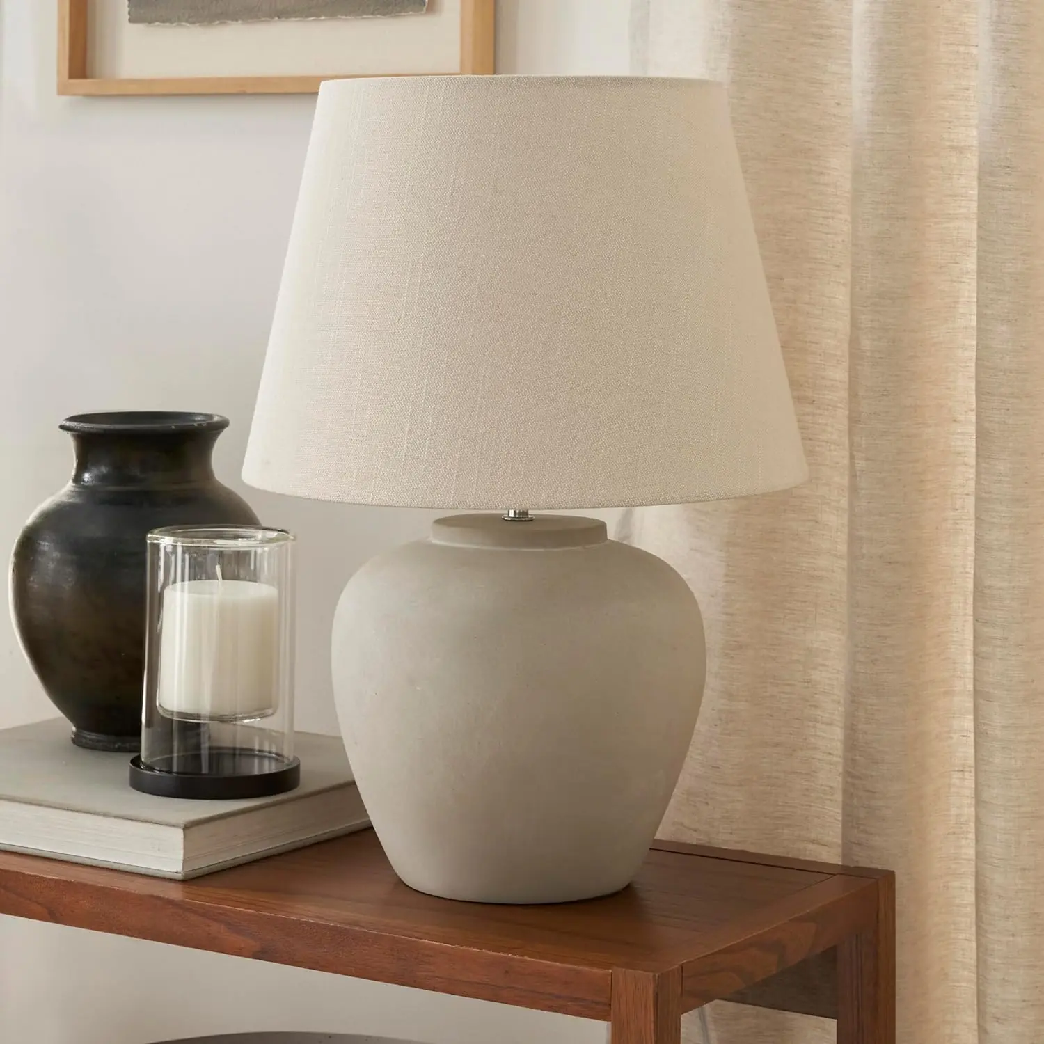 Nourison 20" Light Grey Ceramic Cement Pot Table Lamp for Bedroom, Living Room, Console, End Table