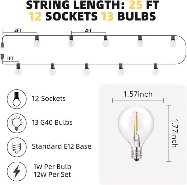 Outdoor String Lights 25ft, G40 Led Patio Lights with 13pcs Bulbs,Waterproof Shatterproof Dimmable Connectable Hanging Globe Outdoor Lights for Cafe Bistro Backyard Gazebo Balcony Party, Black - Image 2