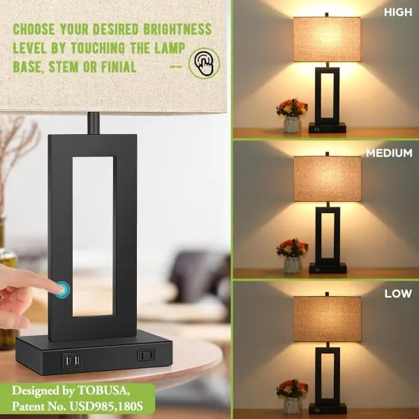 Set of 2 Touch Control Table Lamp with 2 USB Ports, 3-Way Dimmable Modern Nightstand Lamp Sets Bedside Touch Desk Lamp with Fabric Cream Shade For Bedroom Table Living Room Reading, Included Bulbs - Image 7