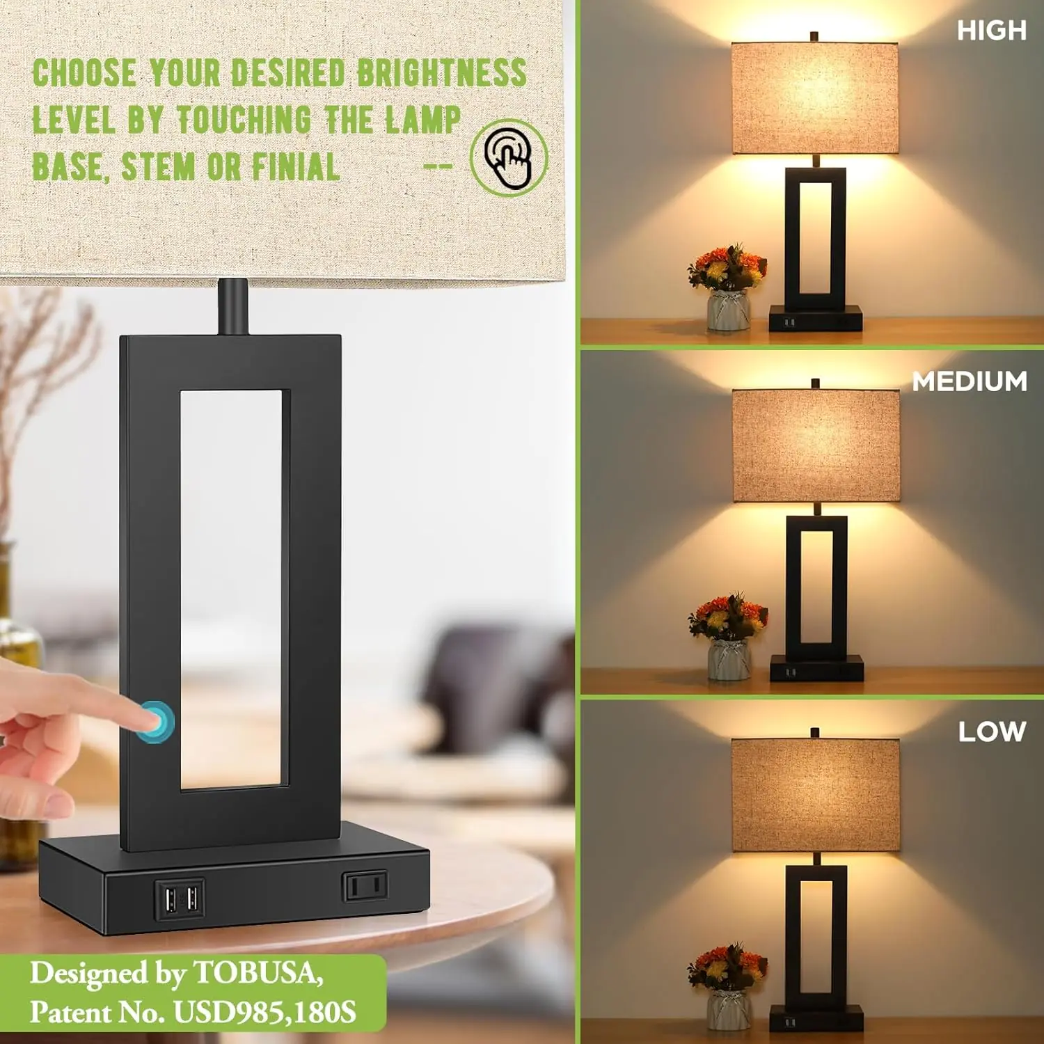 Set of 2 Touch Control Table Lamp with 2 USB Ports, 3-Way Dimmable Modern Nightstand Lamp Sets Bedside Touch Desk Lamp with Fabric Cream Shade For Bedroom Table Living Room Reading, Included Bulbs - Image 7