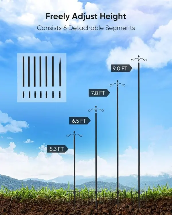 JACKYLED Outdoor String Light Pole, Adjustable 9FT 7-Prong Patio Light Rod, Heavy Duty String Light Metal Stand, Dual Hooks and 6 Fence Brackets for Outside Backyard Garden Wedding Party, Black,2 Pack - Image 3