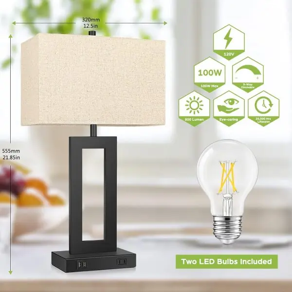 Set of 2 Touch Control Table Lamp with 2 USB Ports, 3-Way Dimmable Modern Nightstand Lamp Sets Bedside Touch Desk Lamp with Fabric Cream Shade For Bedroom Table Living Room Reading, Included Bulbs - Image 2