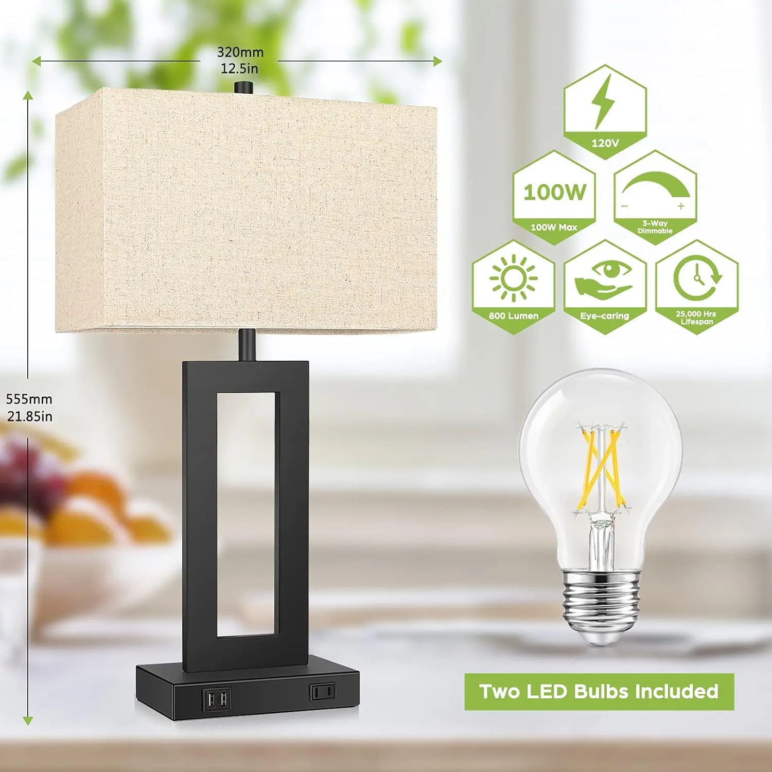 Set of 2 Touch Control Table Lamp with 2 USB Ports, 3-Way Dimmable Modern Nightstand Lamp Sets Bedside Touch Desk Lamp with Fabric Cream Shade For Bedroom Table Living Room Reading, Included Bulbs - Image 2