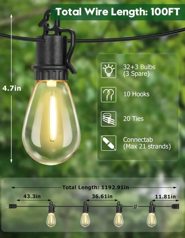 100FT Outdoor String Lights Waterproof, Outdoor Lights with S14 Shatterproof Bulbs, Connectable Hanging Patio Lights, IP55 Commercial Grade LED Outdoor String Lights for Outside, Patio, Bistro - Image 3