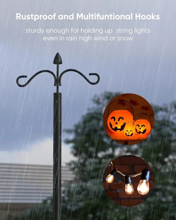 JACKYLED Outdoor String Light Pole, Adjustable 9FT 7-Prong Patio Light Rod, Heavy Duty String Light Metal Stand, Dual Hooks and 6 Fence Brackets for Outside Backyard Garden Wedding Party, Black,2 Pack - Image 6