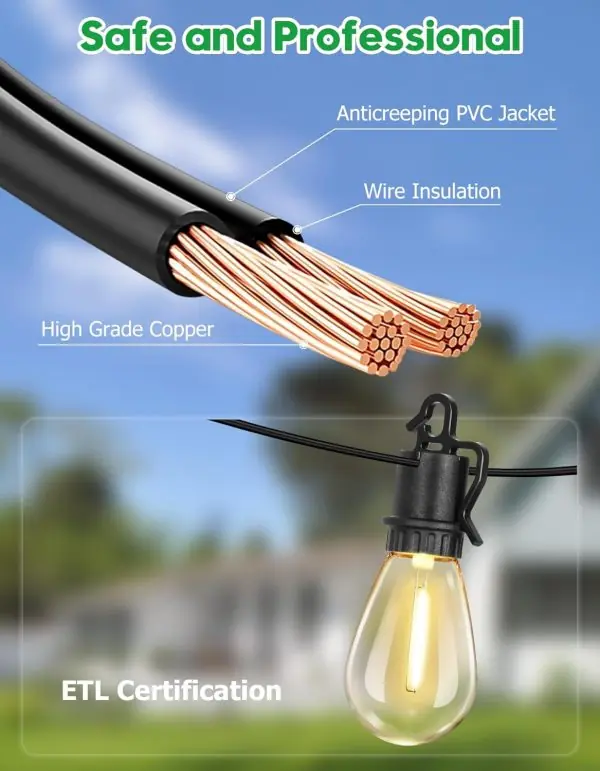 100FT Outdoor String Lights Waterproof, Outdoor Lights with S14 Shatterproof Bulbs, Connectable Hanging Patio Lights, IP55 Commercial Grade LED Outdoor String Lights for Outside, Patio, Bistro - Image 5