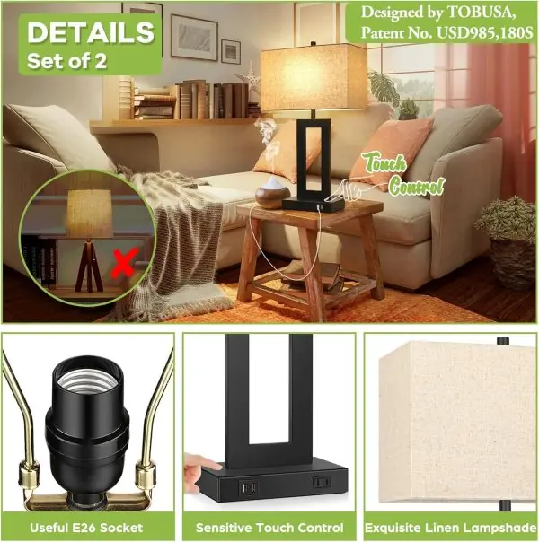 Set of 2 Touch Control Table Lamp with 2 USB Ports, 3-Way Dimmable Modern Nightstand Lamp Sets Bedside Touch Desk Lamp with Fabric Cream Shade For Bedroom Table Living Room Reading, Included Bulbs - Image 4