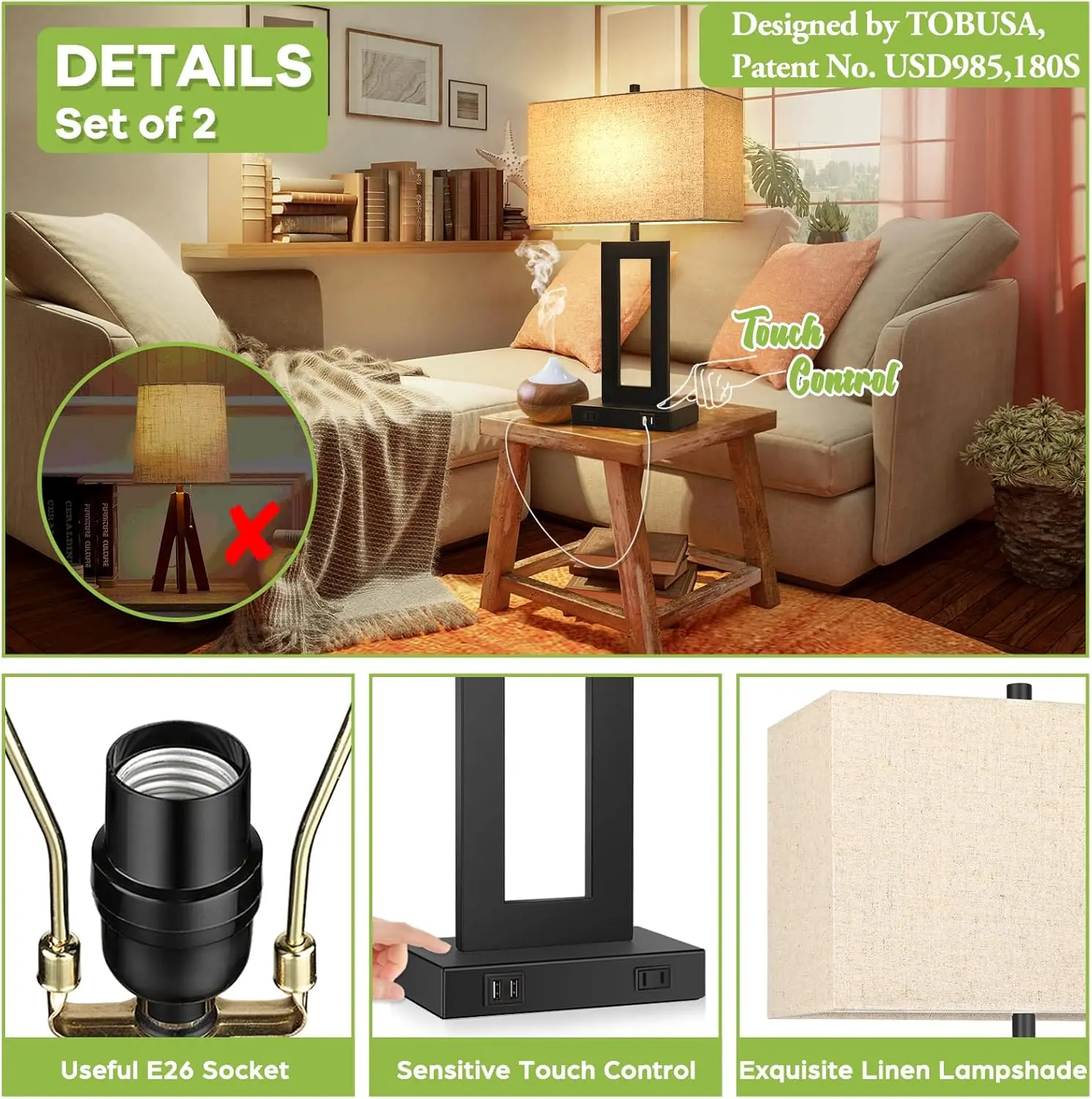 Set of 2 Touch Control Table Lamp with 2 USB Ports, 3-Way Dimmable Modern Nightstand Lamp Sets Bedside Touch Desk Lamp with Fabric Cream Shade For Bedroom Table Living Room Reading, Included Bulbs - Image 4