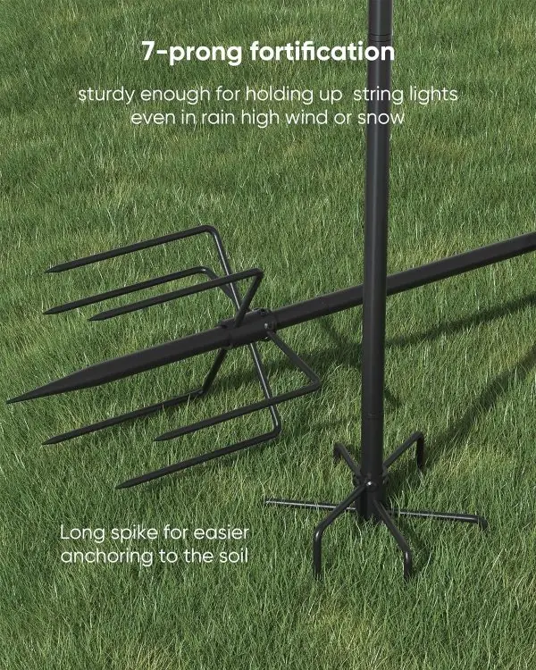 JACKYLED Outdoor String Light Pole, Adjustable 9FT 7-Prong Patio Light Rod, Heavy Duty String Light Metal Stand, Dual Hooks and 6 Fence Brackets for Outside Backyard Garden Wedding Party, Black,2 Pack - Image 7